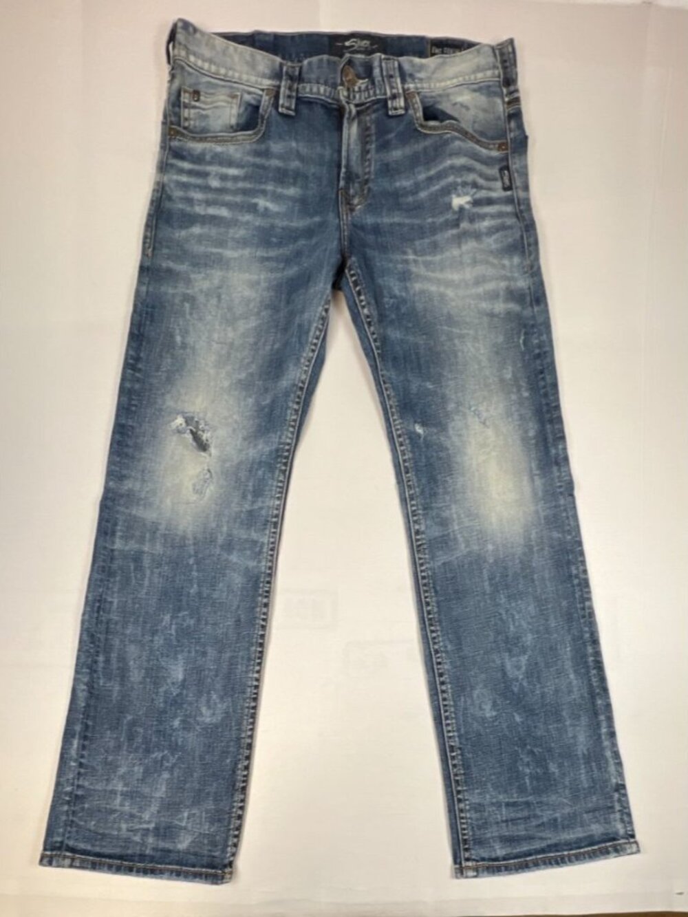Silver Jeans Co Men 34x34 Zac Relaxed Straight Leg Blue Distressed Denim Jeans